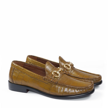 Olive Deep Cut Croco Texture Leather Loafers with Horse-Bit Buckle