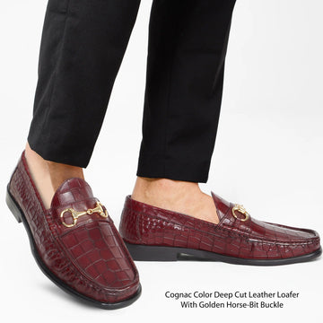 Cognac Croco Texture Leather Loafers with Horse-Bit Buckle