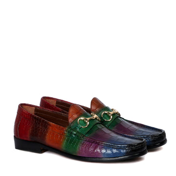 Multi Colored Leather Loafer in Deep Cut Croco Textured Horse-bit Buckle