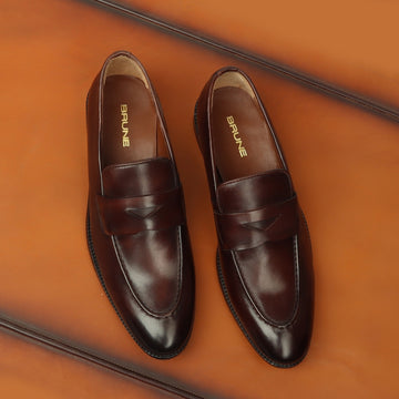 Dark Brown Leather Penny Loafers With Triangular Cut-Strap