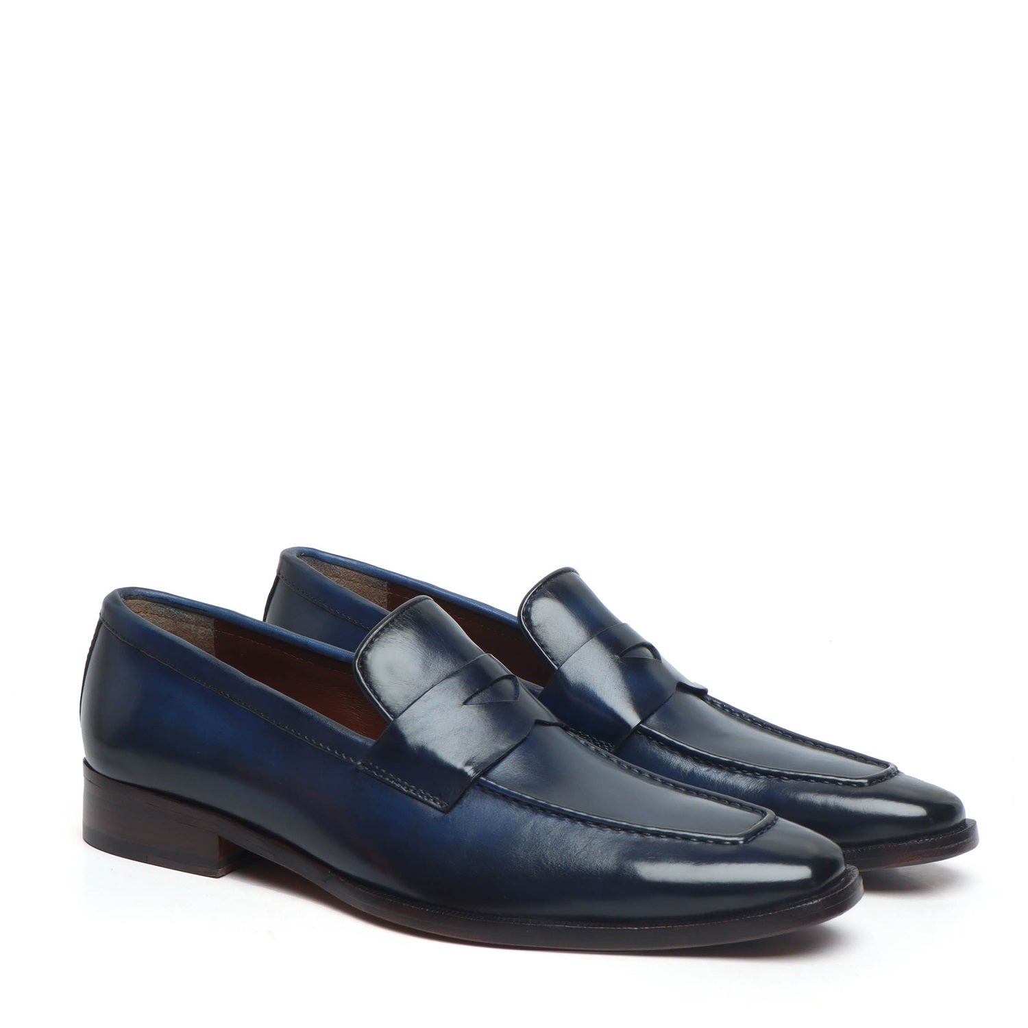 Blue Leather Penny Loafers with Triangular Cut-Strap By BRUNE & BARESKIN