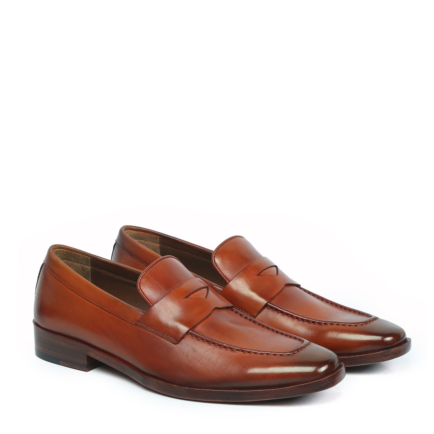 Tan Leather Penny Loafers with Triangular Cut-Strap