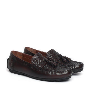 Dark Brown Weaved Vamp & Tassel Leather Loafers Shoe