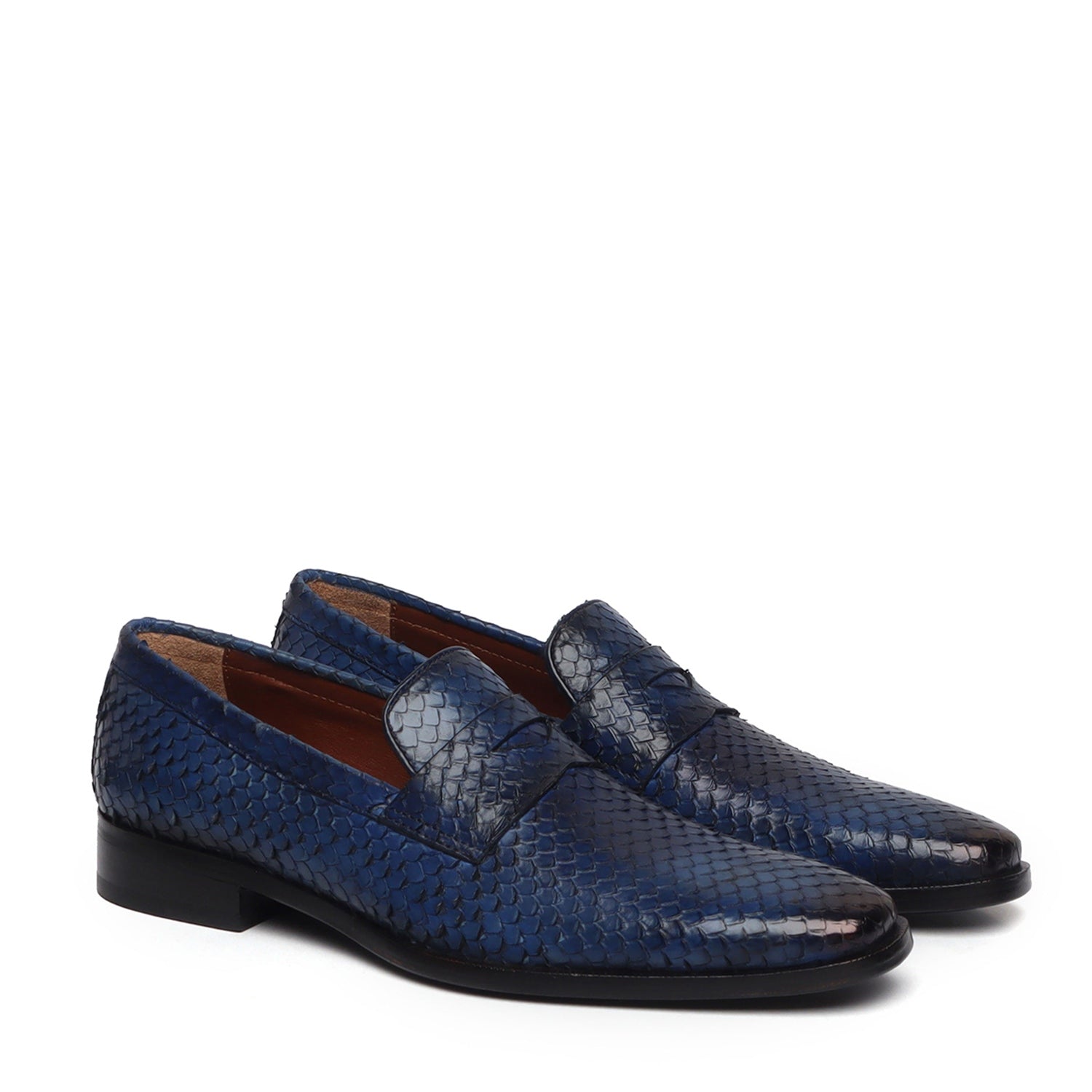 Snake Skin Textured Loafers in Blue Leather