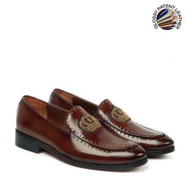 Brown Patent Leather Loafers with Studded Crown Zardosi
