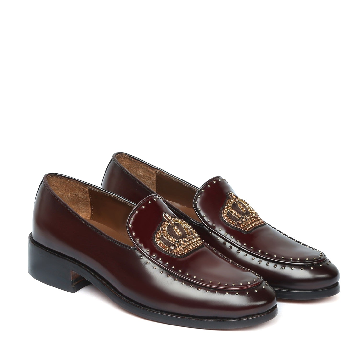 Studded Apron Leather Loafers in Wine Patent Crown Zardosi