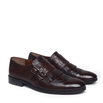 Fringes With Double Monk Strap in Dark Brown Croco Embossed Leather