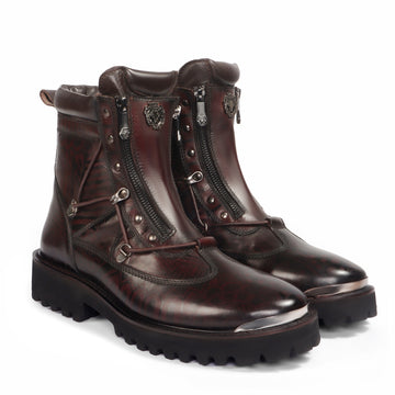 Metal-Toe Doodle Art Chunky Boots in Luxe Dark Brown