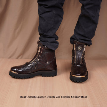 Real Ostrich Chunky Boot In Tobacco Dark Brown With Metal Plate On Toe