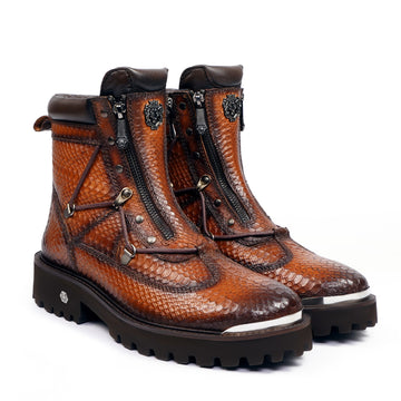 Tan Snake Textured Chunky Boot With New Shape With Metal Plate On Toe