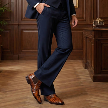 Tan Deep Cut Croco Chelsea Boots For Men With Leather Sole