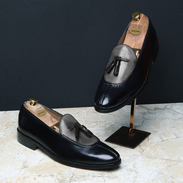 Dual Look Split Toe Tassel Slip-on Grey-Black Leather Shoes