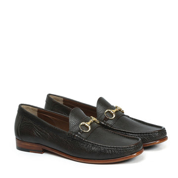 Dark Brown Grain Textured Leather Horsebit Loafers with Leather Sole by Brune & Bareskin