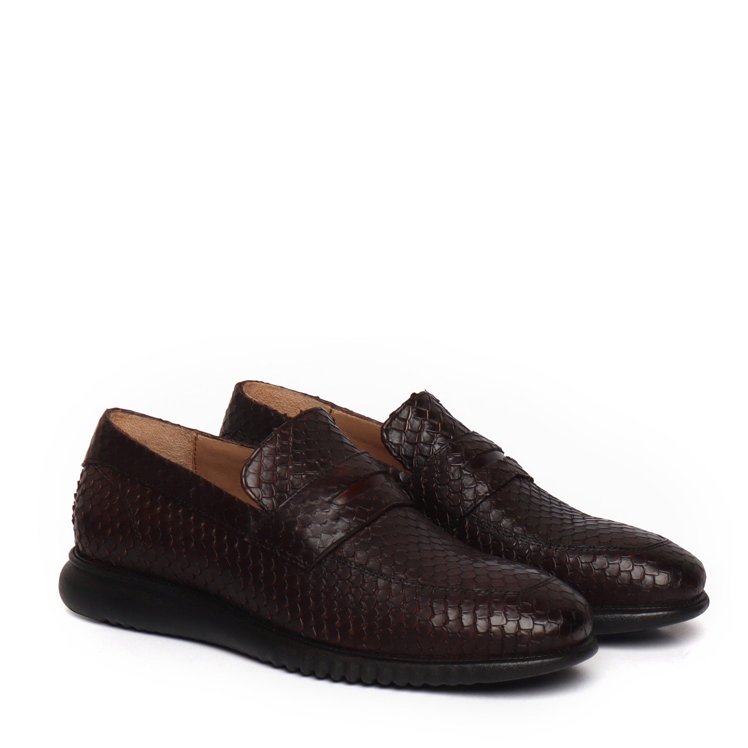 Super Flexible Brown Leather Loafers With Snake Skin Textured