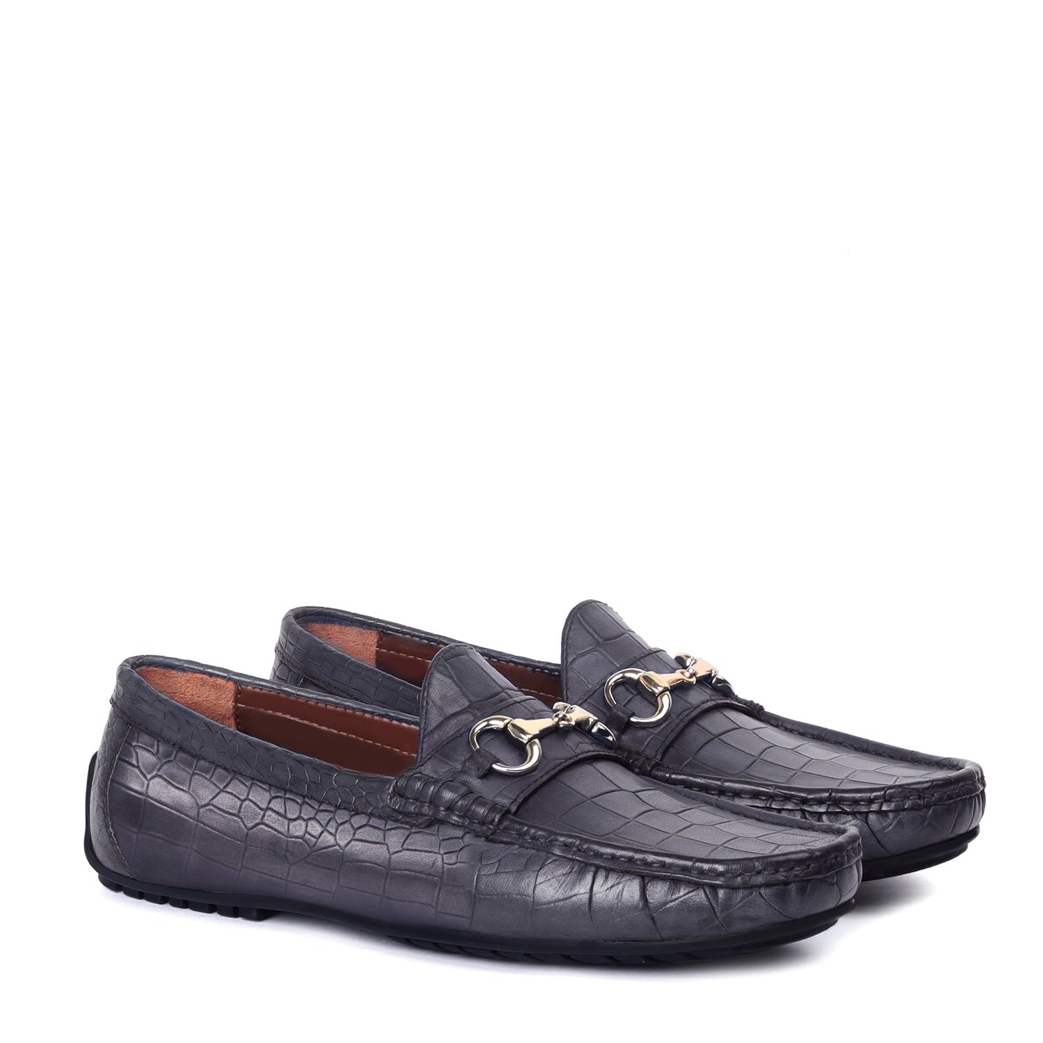 Croco Textured Grey Leather Loafer With Horse-bit Buckle