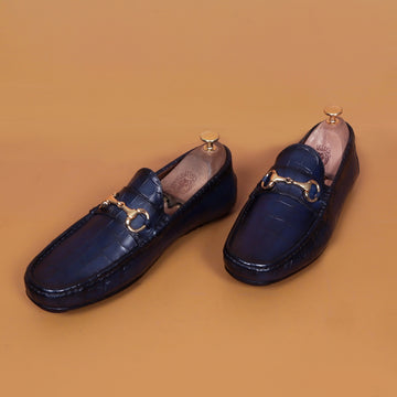Navy Blue Croco Textured Leather Driving Loafer Shoe
