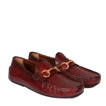 Croco Textured Driver Loafer Shoe in Wine Leather