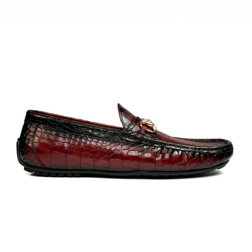 Croco Textured Driver Loafer Shoe in Wine Leather