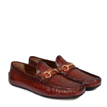 Croco Textured Driver Loafer Shoe in Cognac Leather