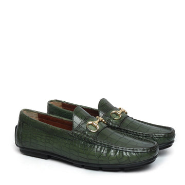 Green Croco Textured Leather Loafers