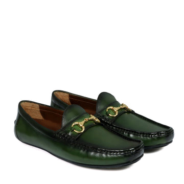 Horsebit Driving Loafers Shoe in Green Leather
