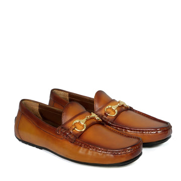 Yellowish Leather Driver Loafer With Horse-bit Buckle