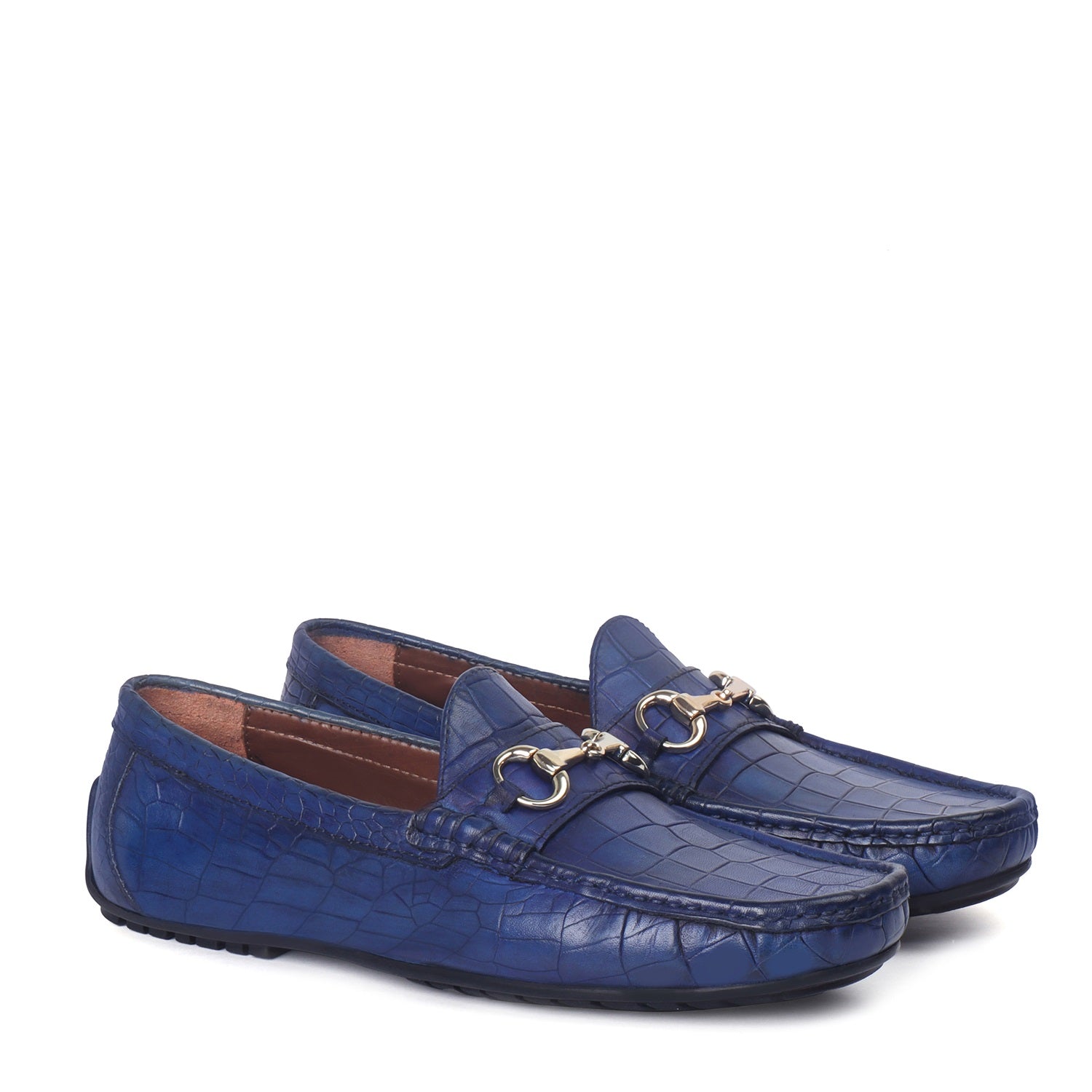 Blue Croco Textured Leather Loafer With Horse-bit Buckle