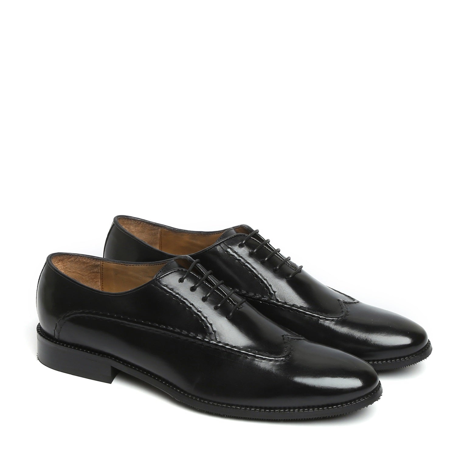 Long Stitched Lines Design Black Leather Oxford Lace-Up Shoe