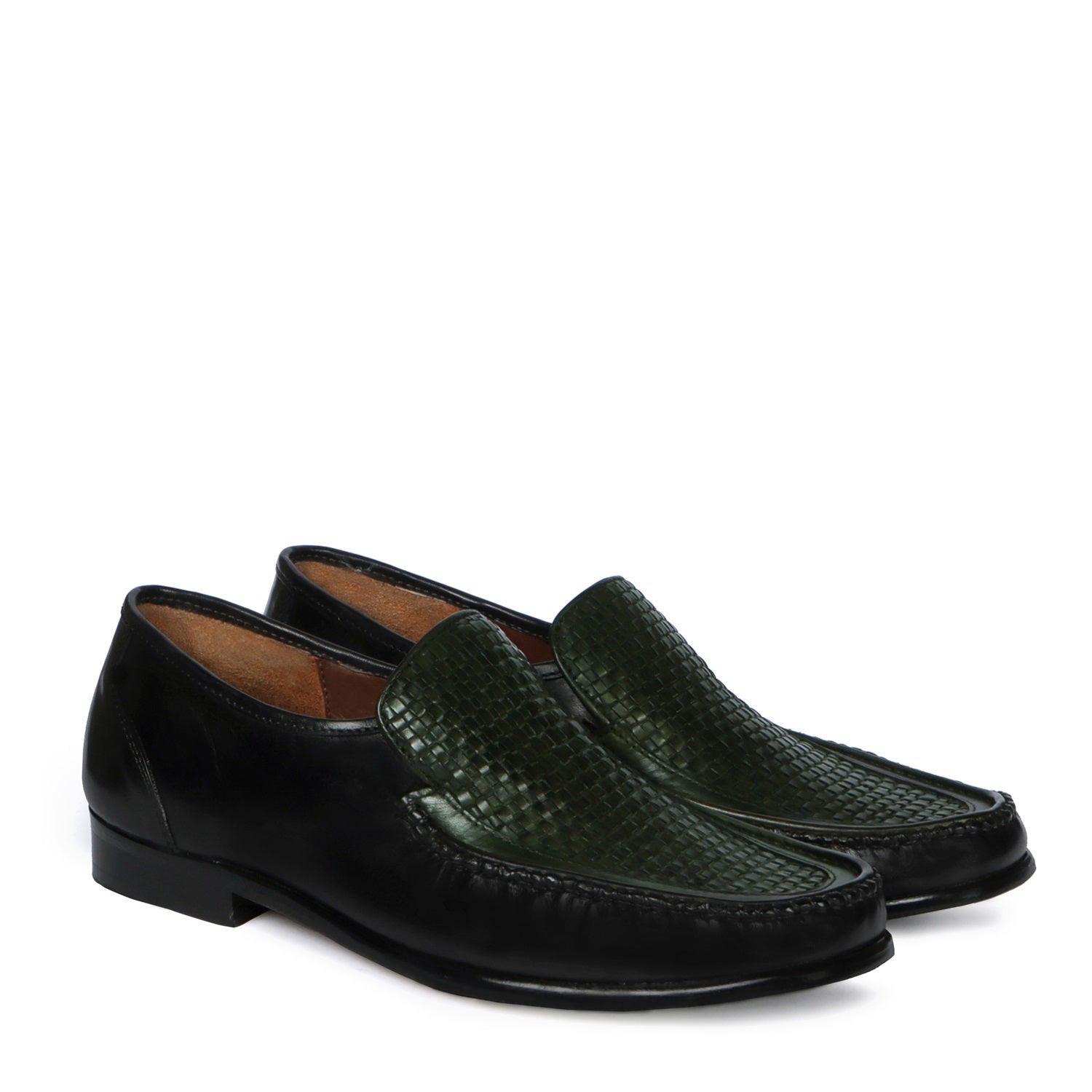 Dark Green Weaved Vamp Black Loafers in Genuine Leather with Leather Sole