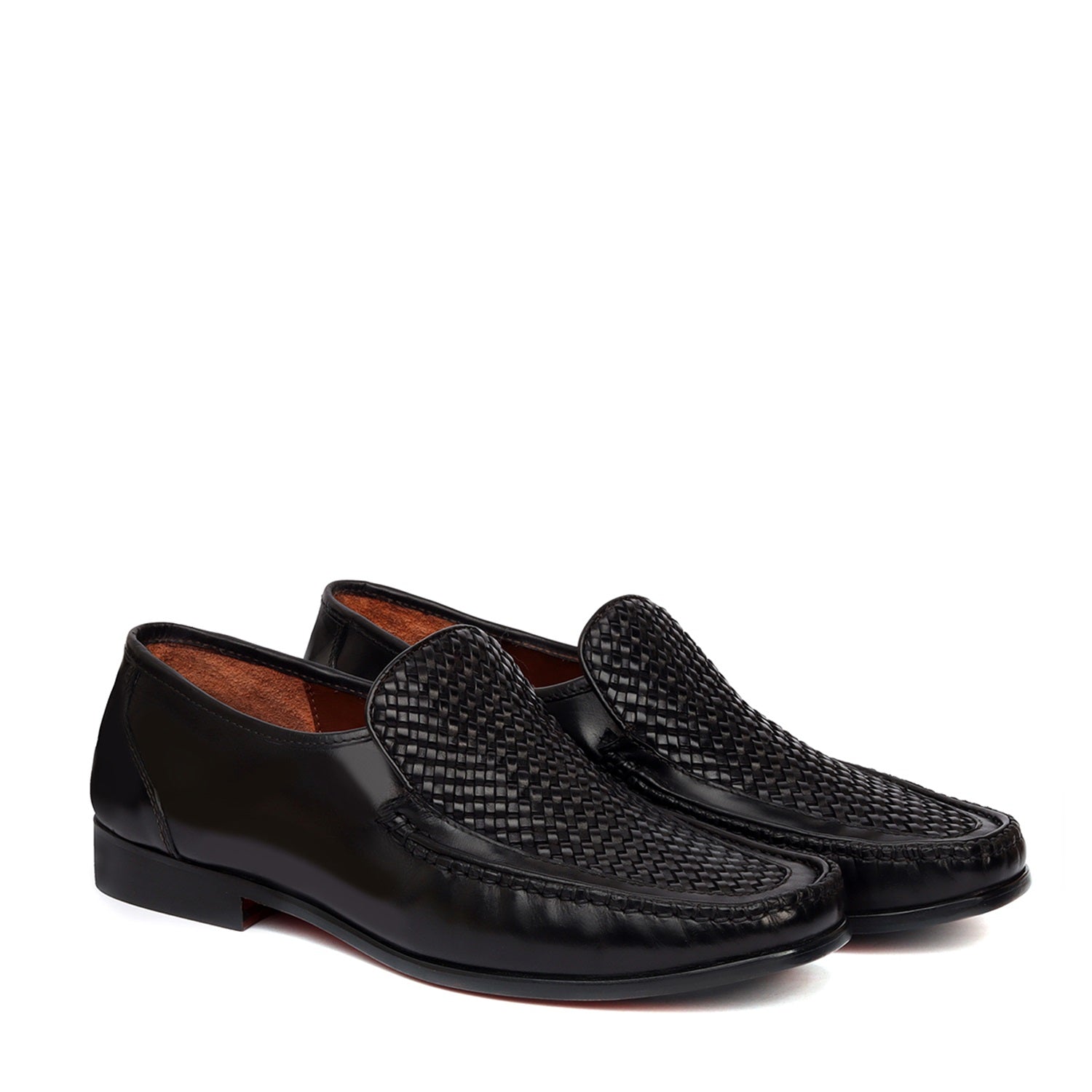 Black Weaved Vamp Leather Loafers For Men