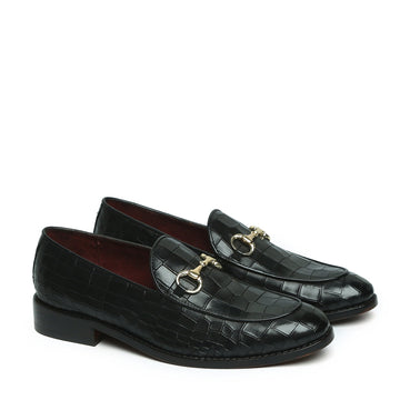 Black Full Deep Cut Leather Loafer With Horse-bit Buckle