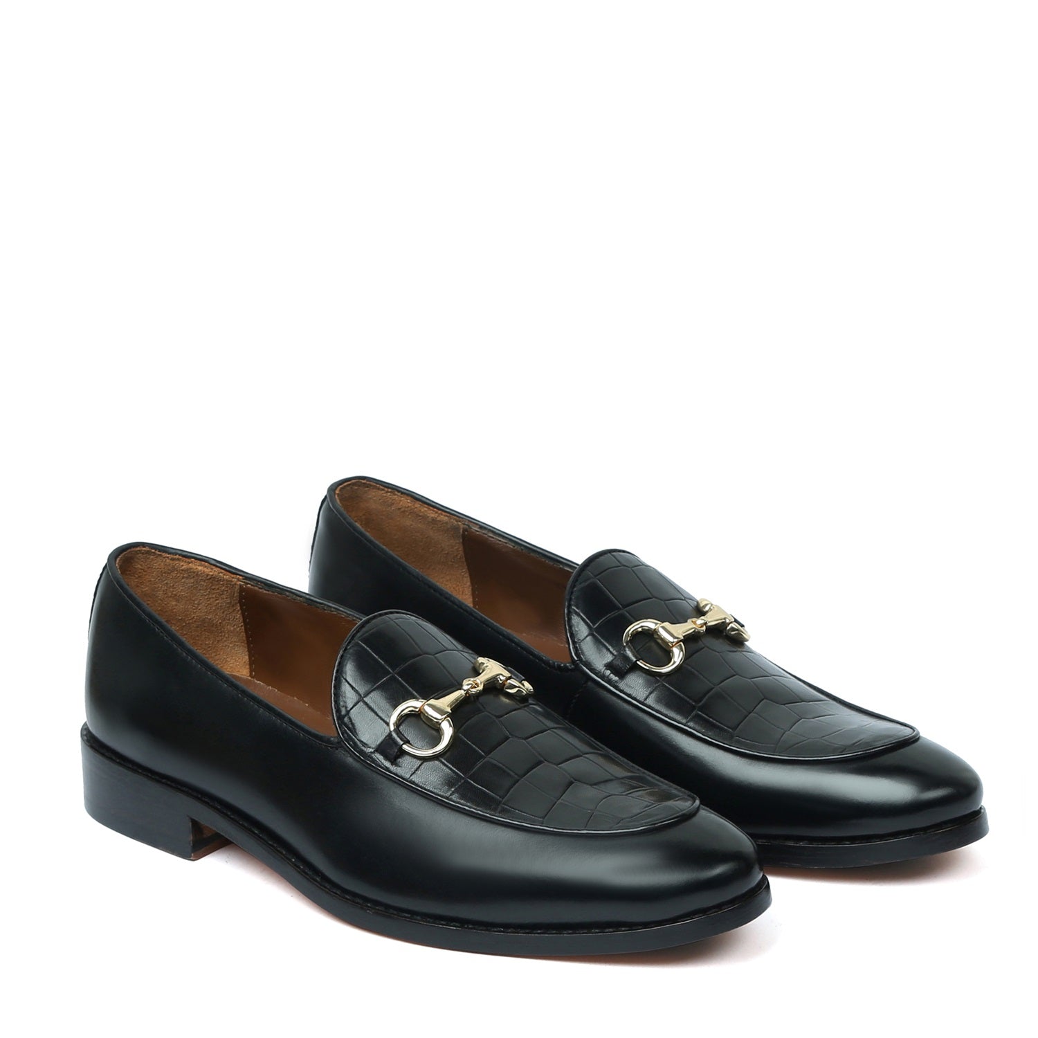 Black Horse-bit Buckle Loafers With Deep Cut Leather at Vamp