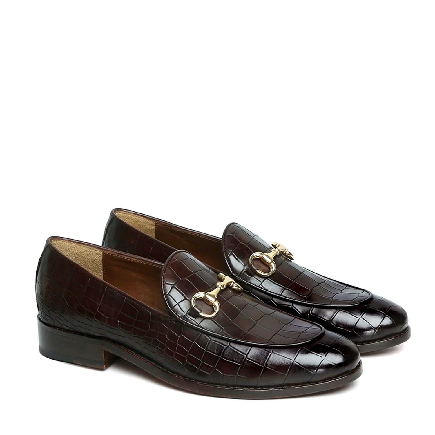Horse-bit Buckled Loafers In Dark Brown Deep Cut Croco Leather