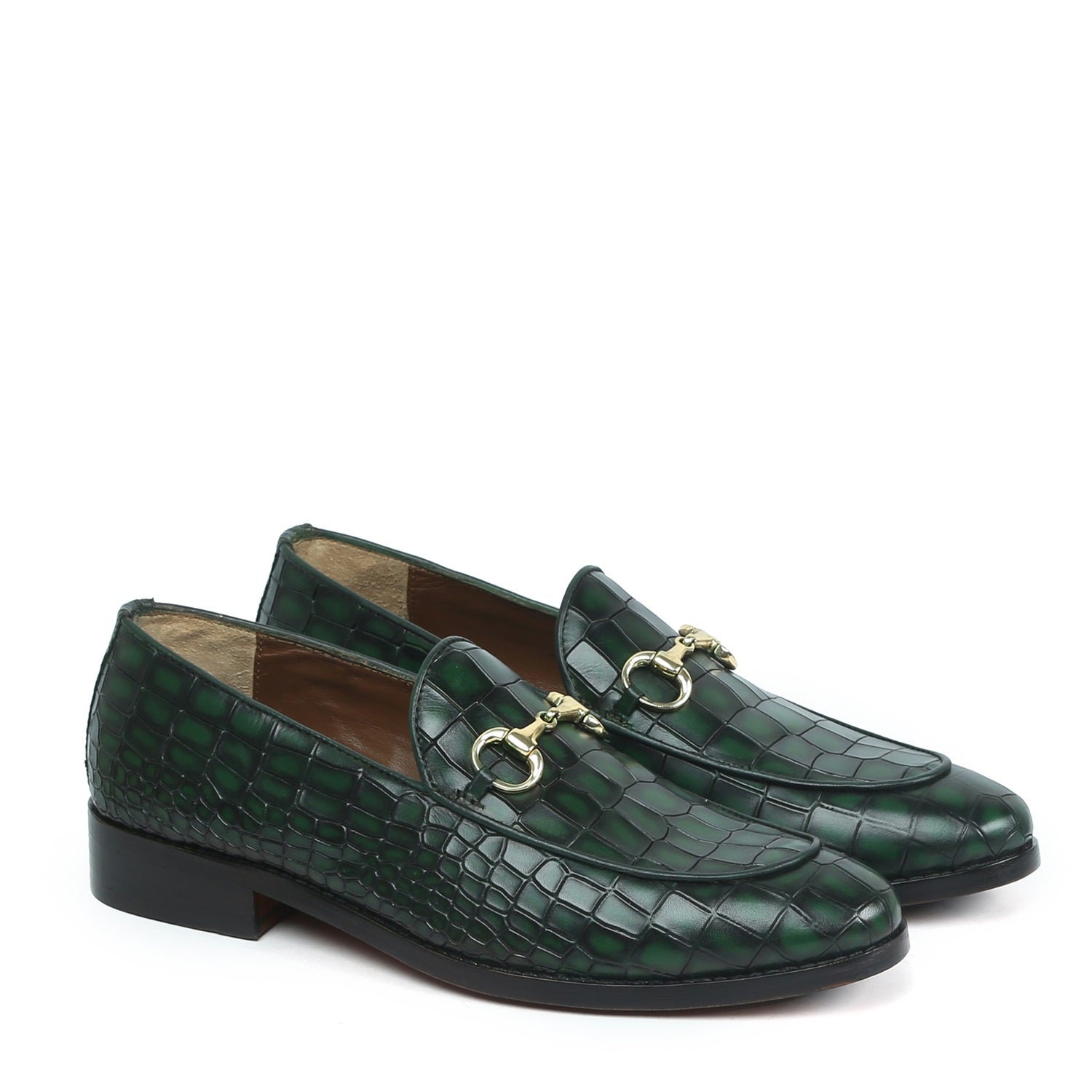 Smokey Finish Leather Loafer In Green Color With Horse-bit Buckle