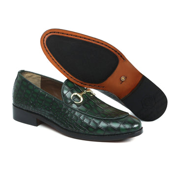 Smokey Finish Leather Loafer In Green Color With Horse-bit Buckle