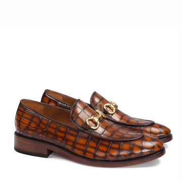 Tan Deep Cut Croco with Golden Horse-bit Leather Loafer