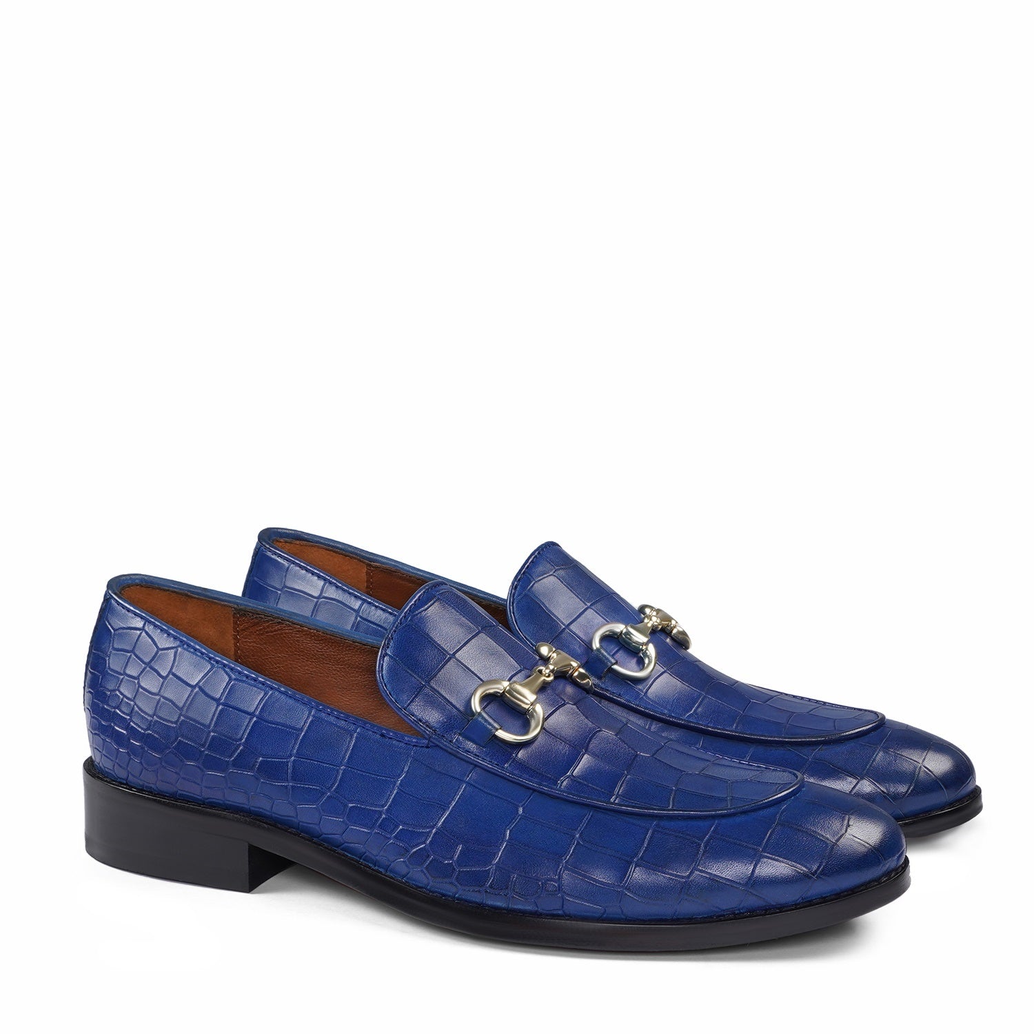 Blue Deep Cut Croco with Golden Horse-bit Leather Loafer