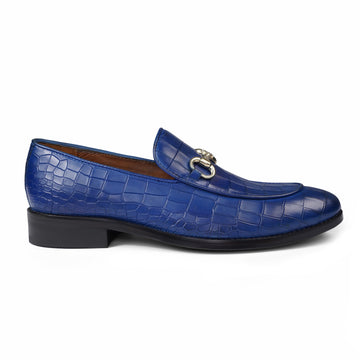 Blue Deep Cut Croco with Golden Horse-bit Leather Loafer