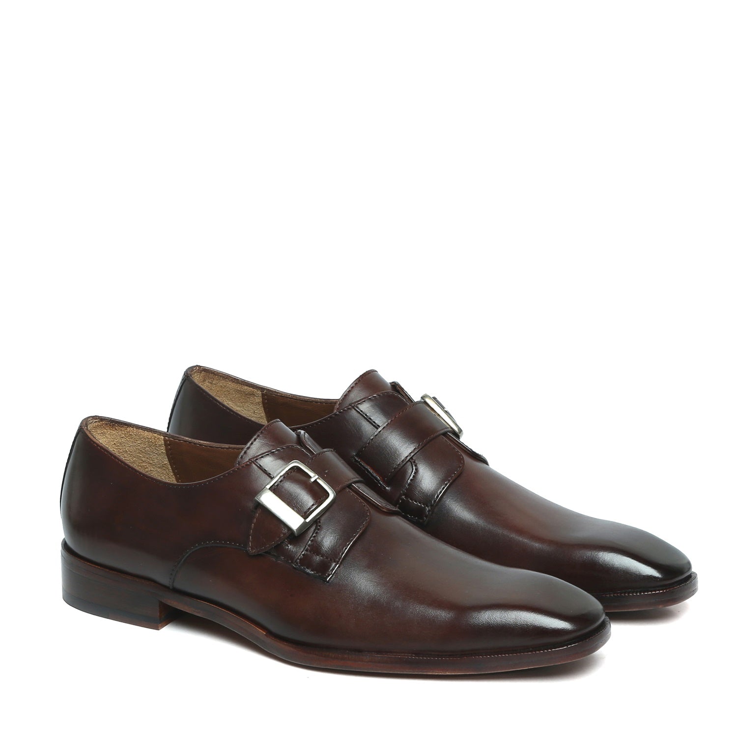 Dark Brown Leather Slant Toe Derby Monk Strap Shoes by Brune & Bareskin