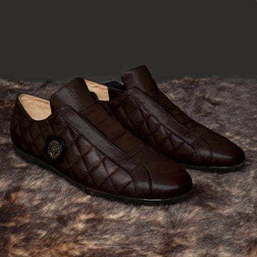 Dark Brown Diamond Stitched Leather Comfort Sneakers