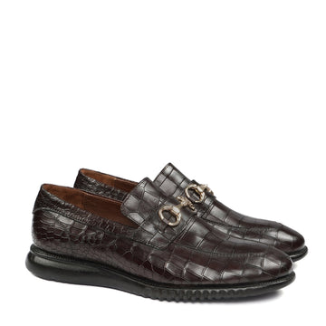 Light-Weight Loafer in Croco Textured Dark Brown Leather