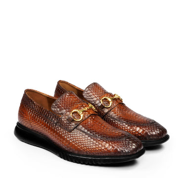 Burnished Tan Loafers in Snake Print Leather with Light Weight Sole