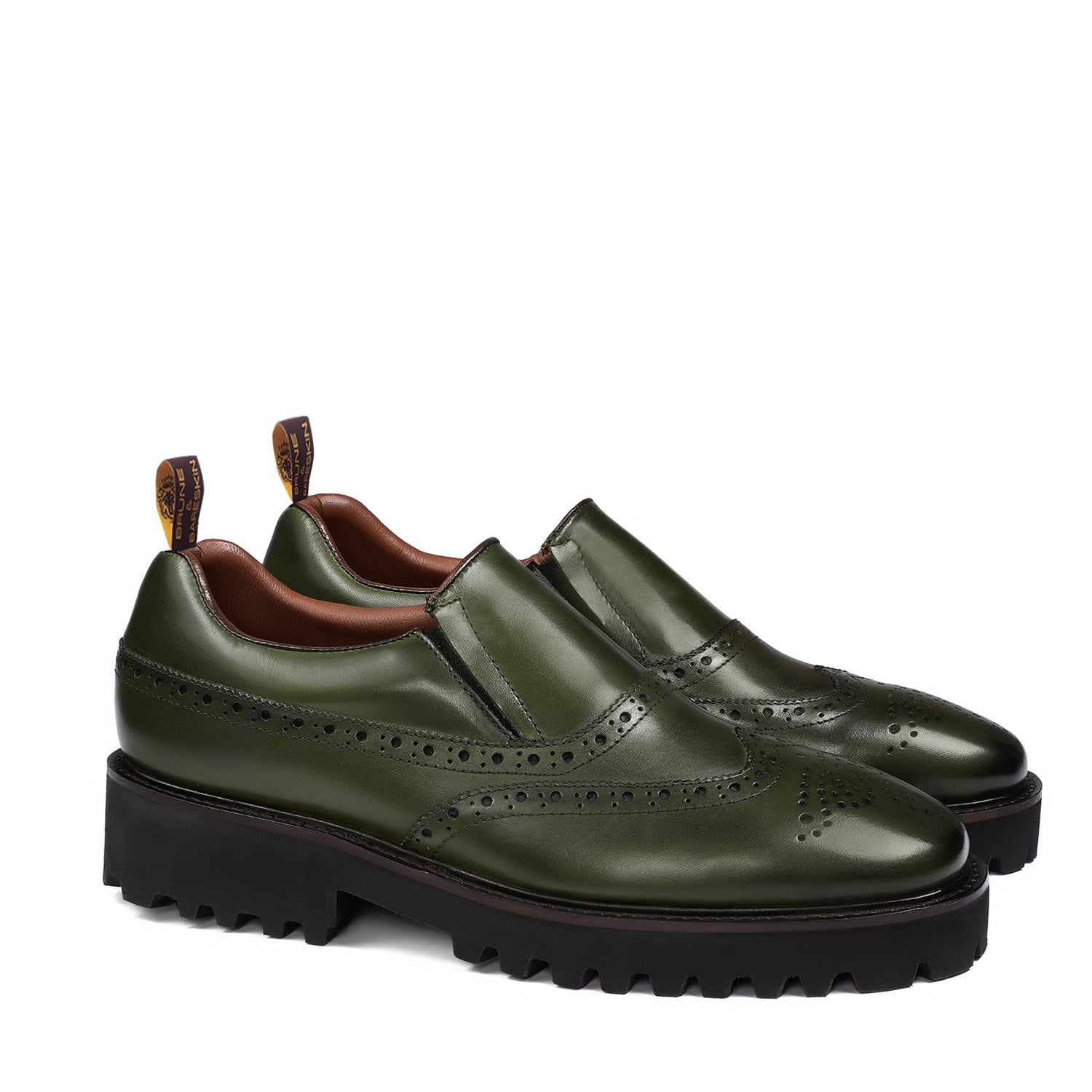 Chunky Sole Men's Green Leather Punching Brogues Light Weight Slip-On Sneakers