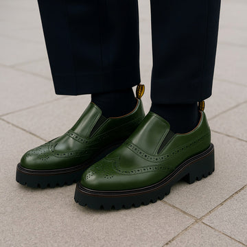 Chunky Sole Men's Green Leather Punching Brogues Light Weight Slip-On Sneakers