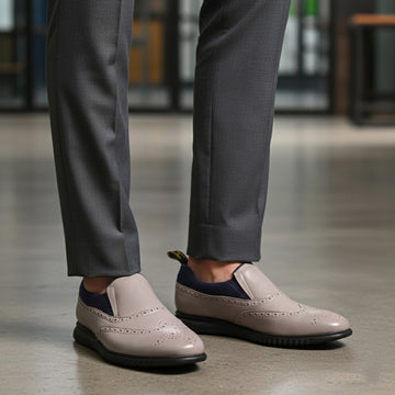 Beige Leather Blue Mesh Light Weight Slip-On Shoes