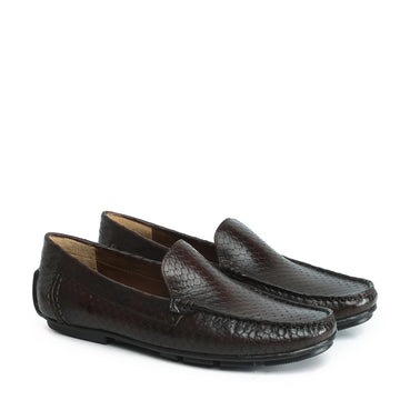 Dark Brown Snake Scales Textured Leather Moccasin Loafers by Brune & Bareskin