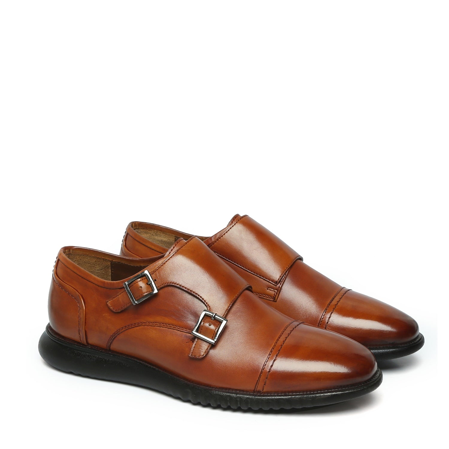 Cap Toe Tan Leather Light Weight Double Monk Shoes by Brune & Bareskin
