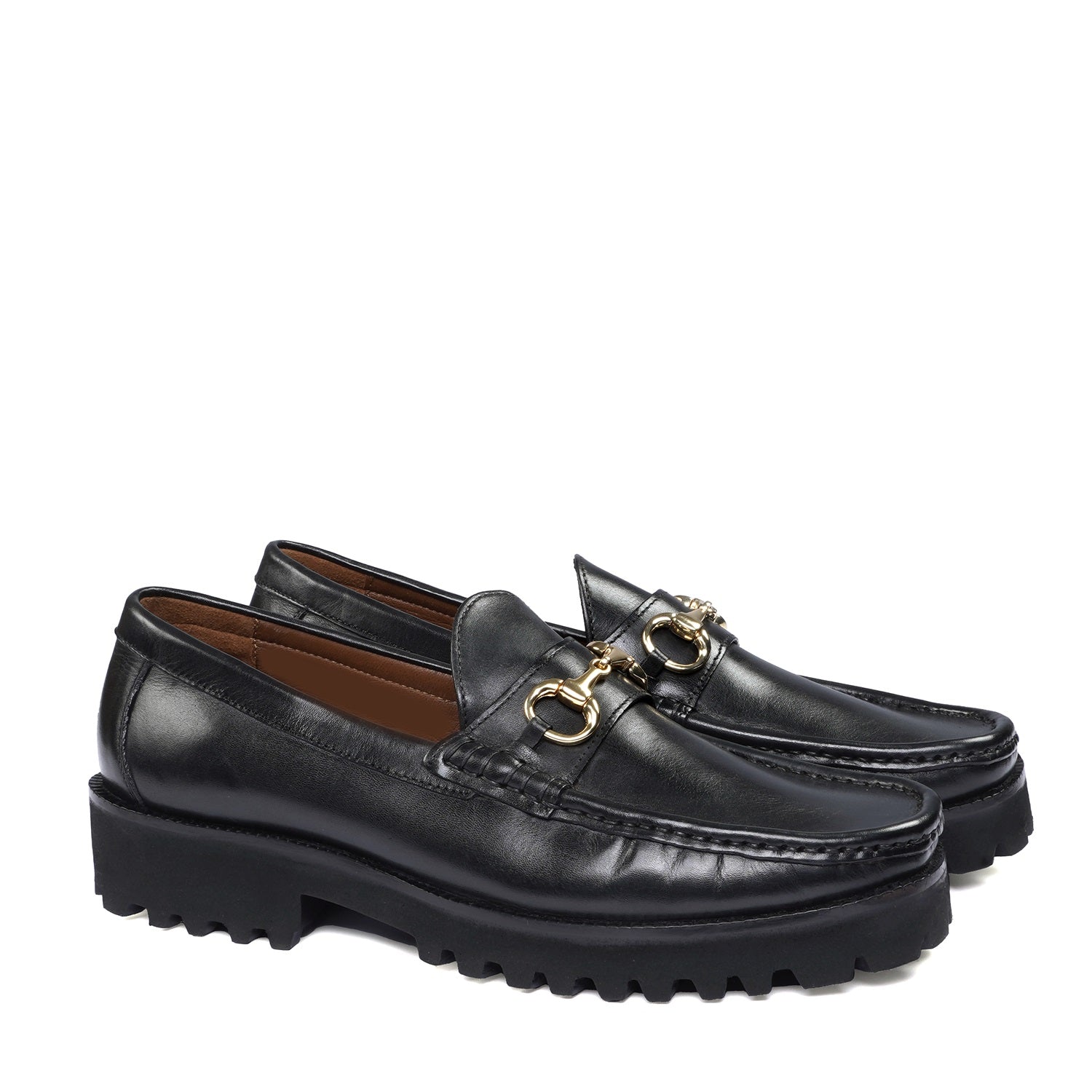 Chunky Sole Loafer with Horse-bit Detailing in Black Leather