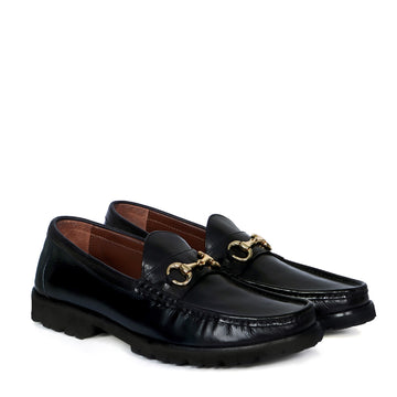 Chunky Sole Loafer with Horse-bit Detailing in Black Leather