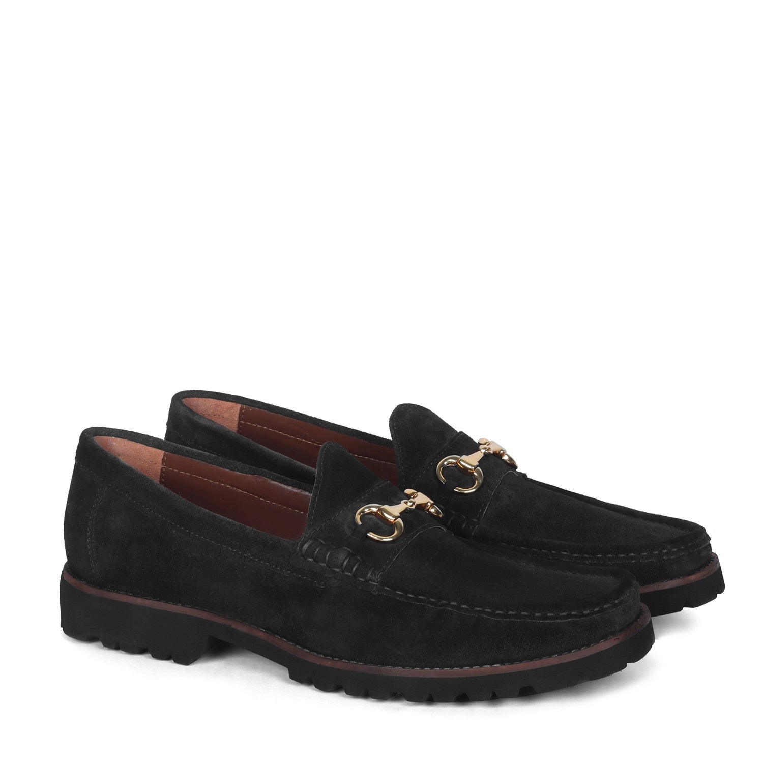 Black Suede Chunky Sole Leather Loafers With Horse-bit Buckle